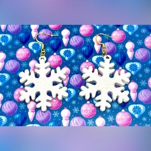Christmas White Rainbow Glitter Snowflake Resin Statement Earrings Winter Snow